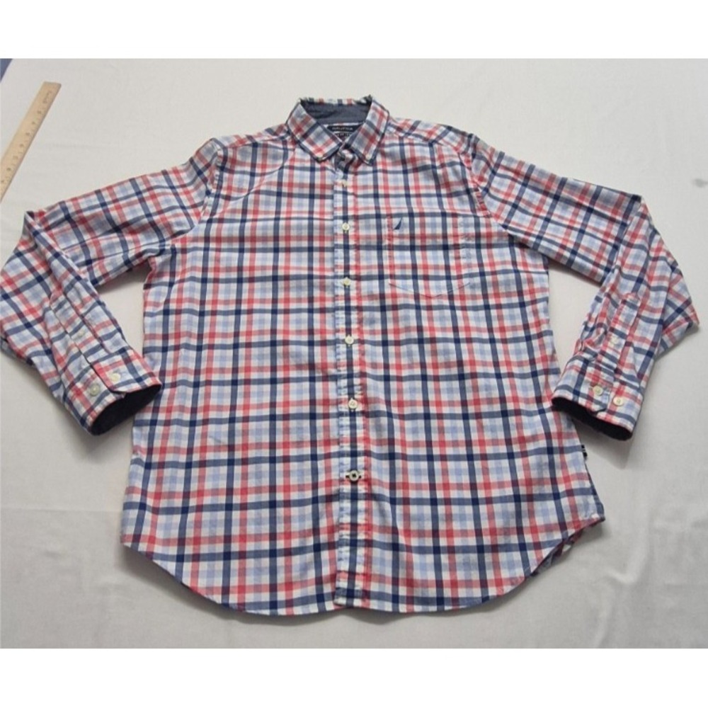 Nautica Classic Fit Stretch men's pink/wht/blue plaid long sleeve button up sz M - Picture 3 of 16